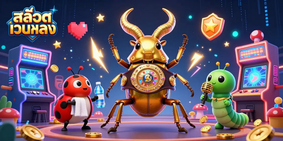 Engage with สล็อตเว็บตรง through this colorful 3D illustration featuring a battle-ready beetle and game elements.