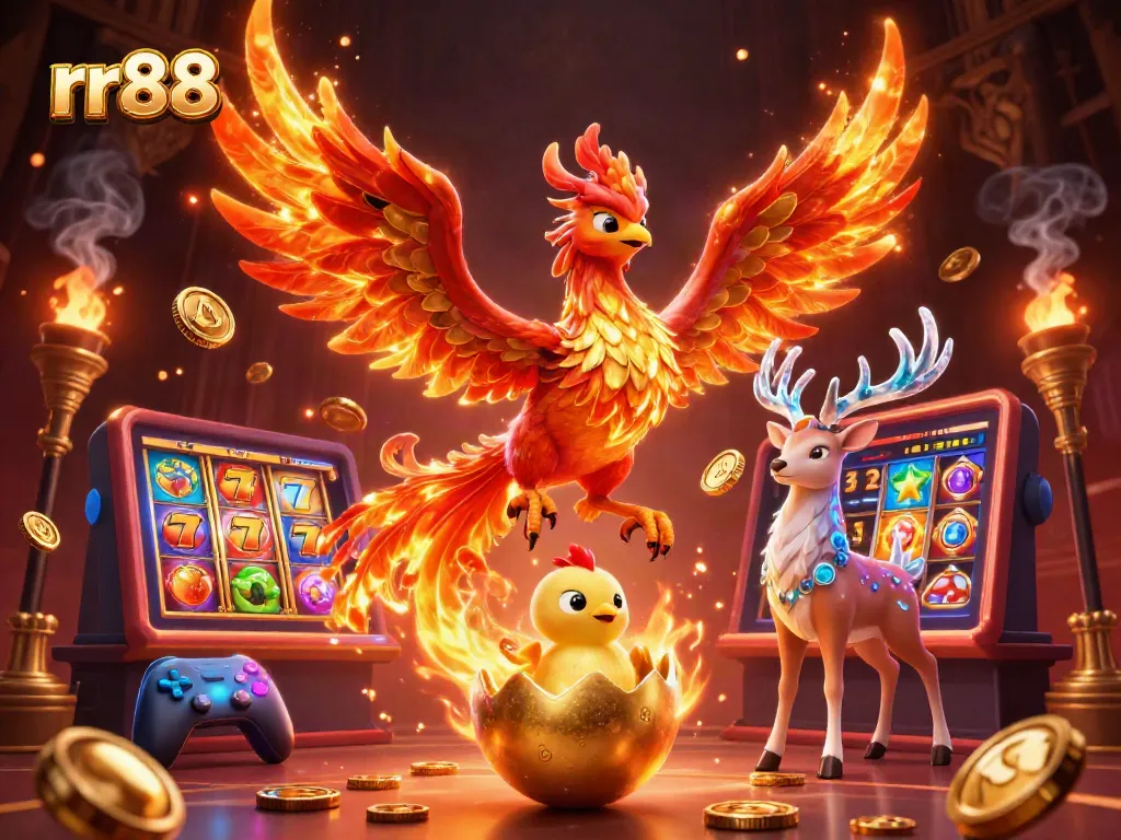 Experience the thrilling rr88 world of online slots with a phoenix and mystical stag in a vibrant casino atmosphere.