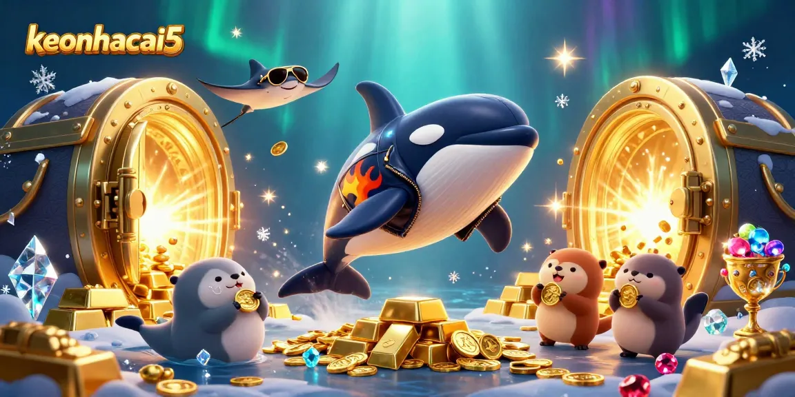 Engage with keonhacai5 as lively sea creatures celebrate with treasure troves underwater.