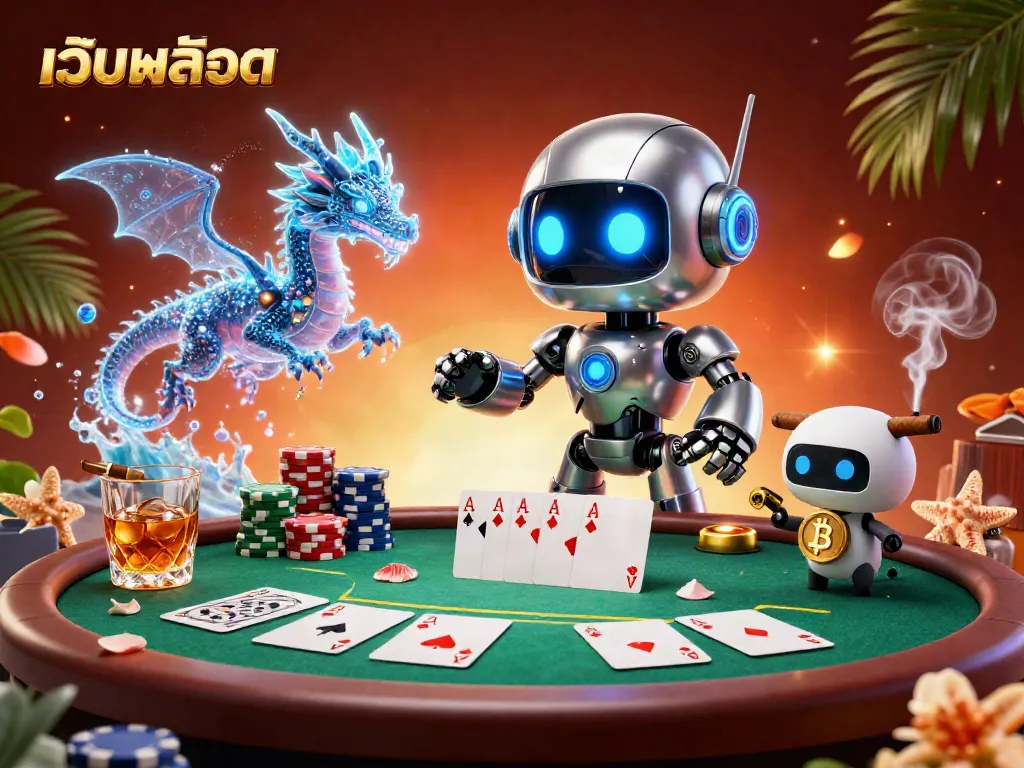 Experience thrilling เว็บสล็อต action with a vibrant 3D casino scene featuring cyberpunk robot and bitcoin elements.