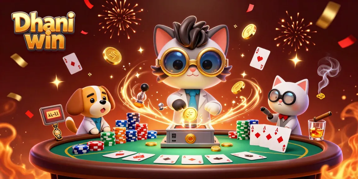 Dhani win showcases energetic gameplay with a 3D cat scientist creating a gold-coin machine, poker elements, and vibrant celebrations.