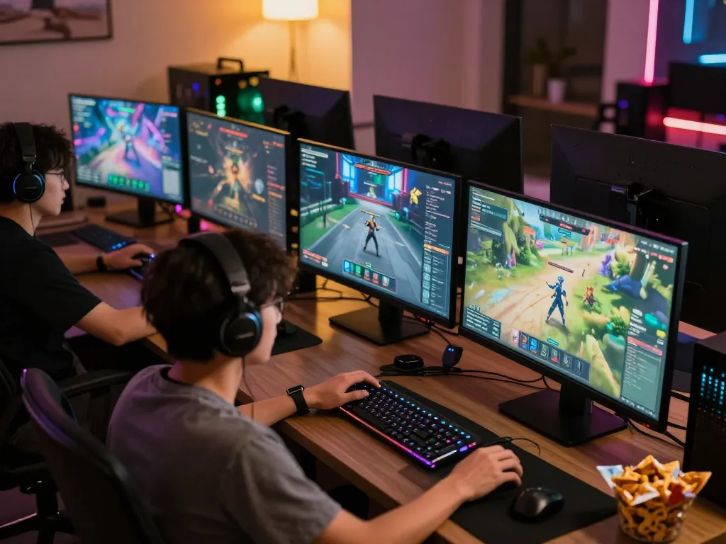 Engaged player exploring nsfw games on multiple monitors, capturing the thrill of interactive adult gaming.