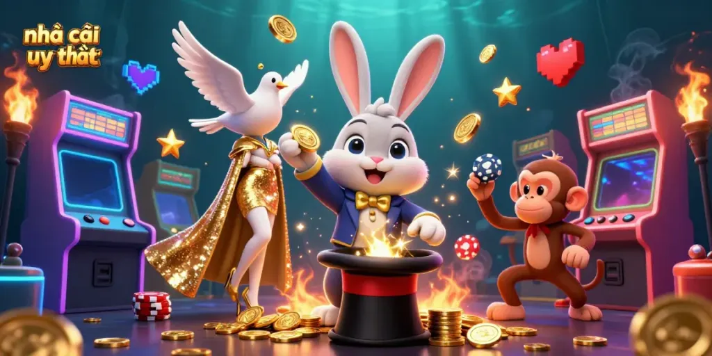 Engage with nhà cái uy tín in this vibrant casino-themed illustration featuring a magician rabbit and playful characters.