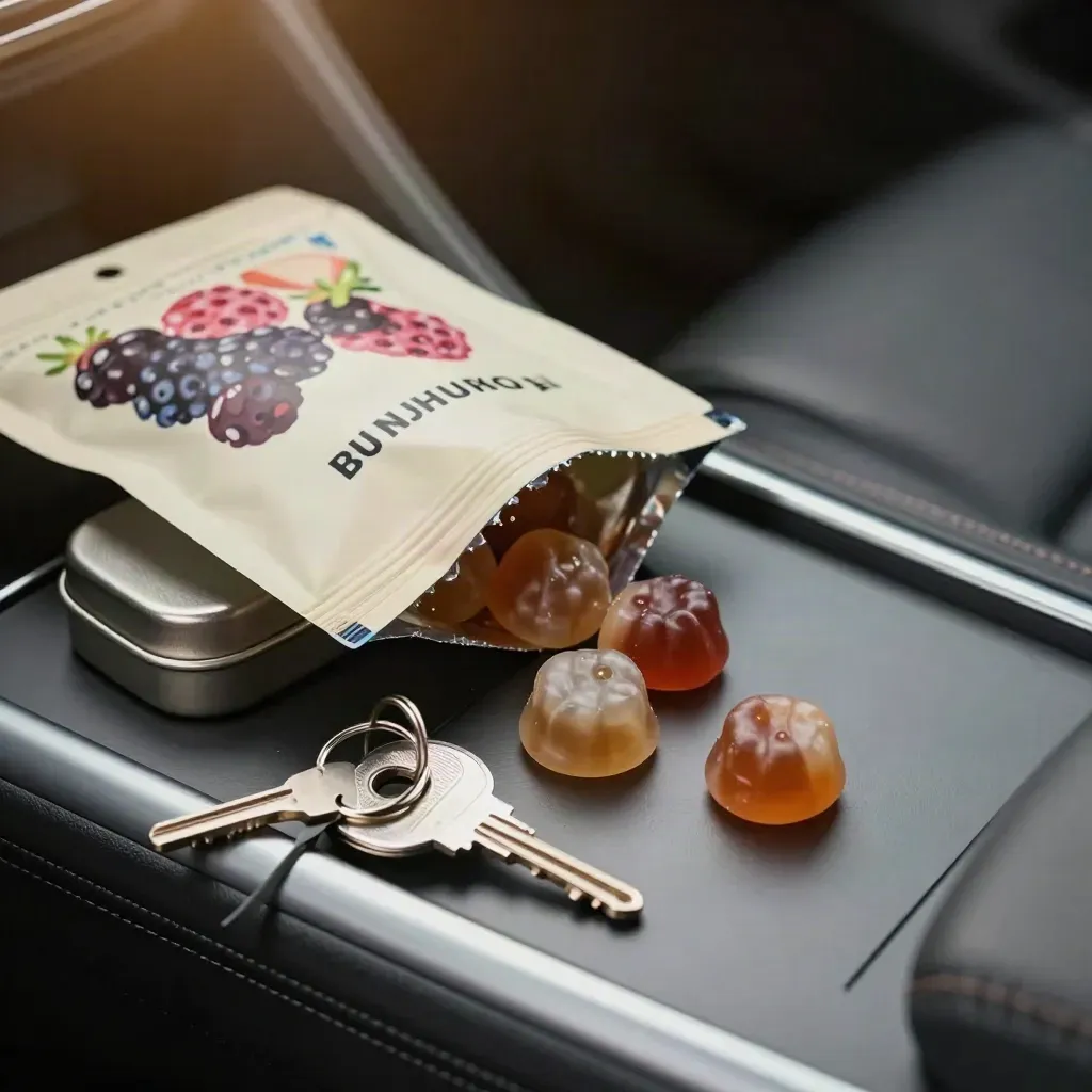Berry gummies spilling from a pouch beside keys and a travel tin on a car console.