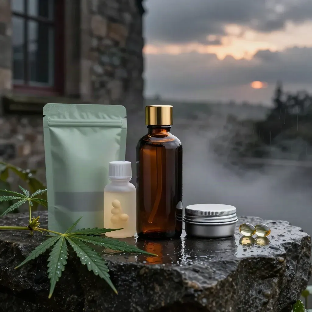 CBD oil bottle with gummies, capsules, balm tin, and softgels on rain-darkened stone.