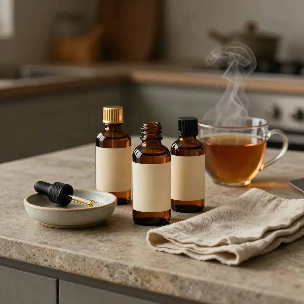 Three CBD oil bottles with dropper, dish, linen, and steaming tea on a stone counter.
