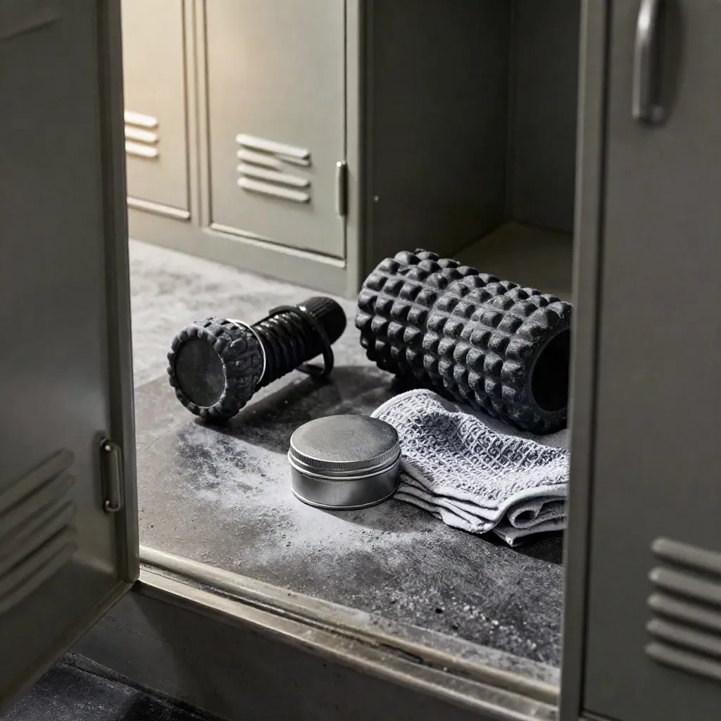 Recovery balm tin with gym gear beside lockers in a chalky cool-down scene