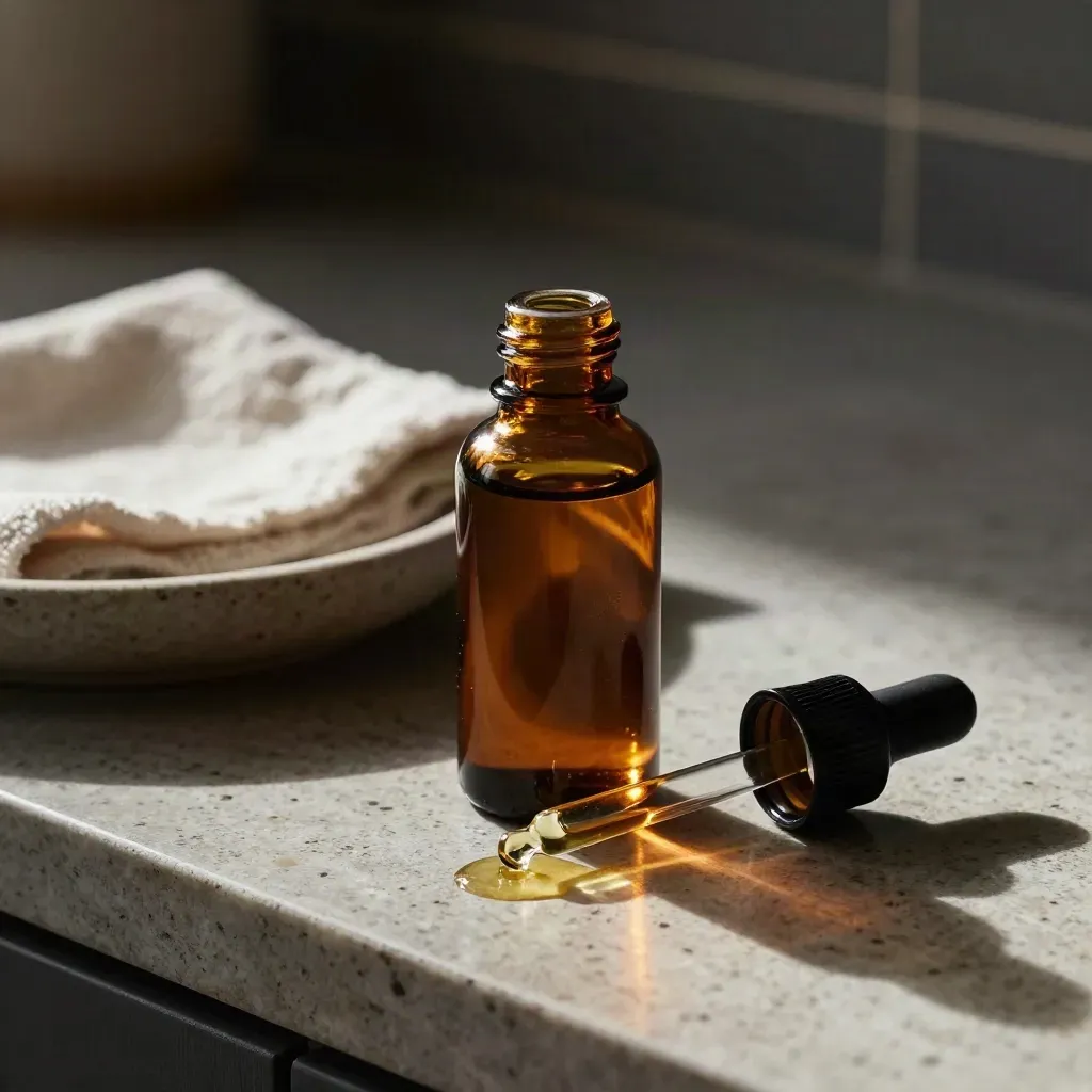 Amber CBD oil bottle, dropper and stone dish on linen in a warm kitchen close-up.