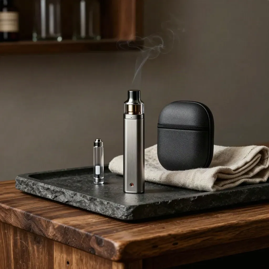 Slim CBD vape device, cartridge, case and cloth on a dark tray with faint vapor.