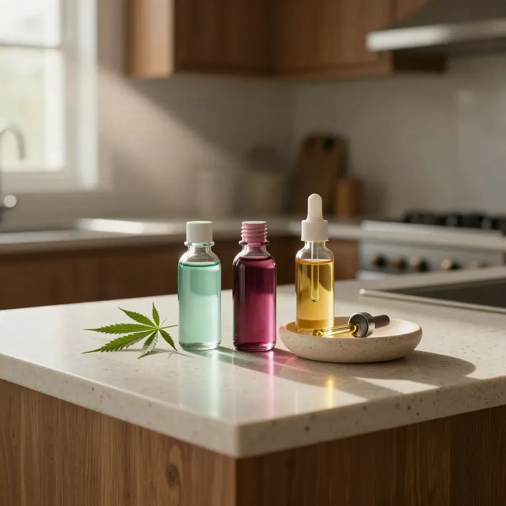 Three CBD oil bottles with hemp sprig and stone dish on a travertine kitchen counter at dawn