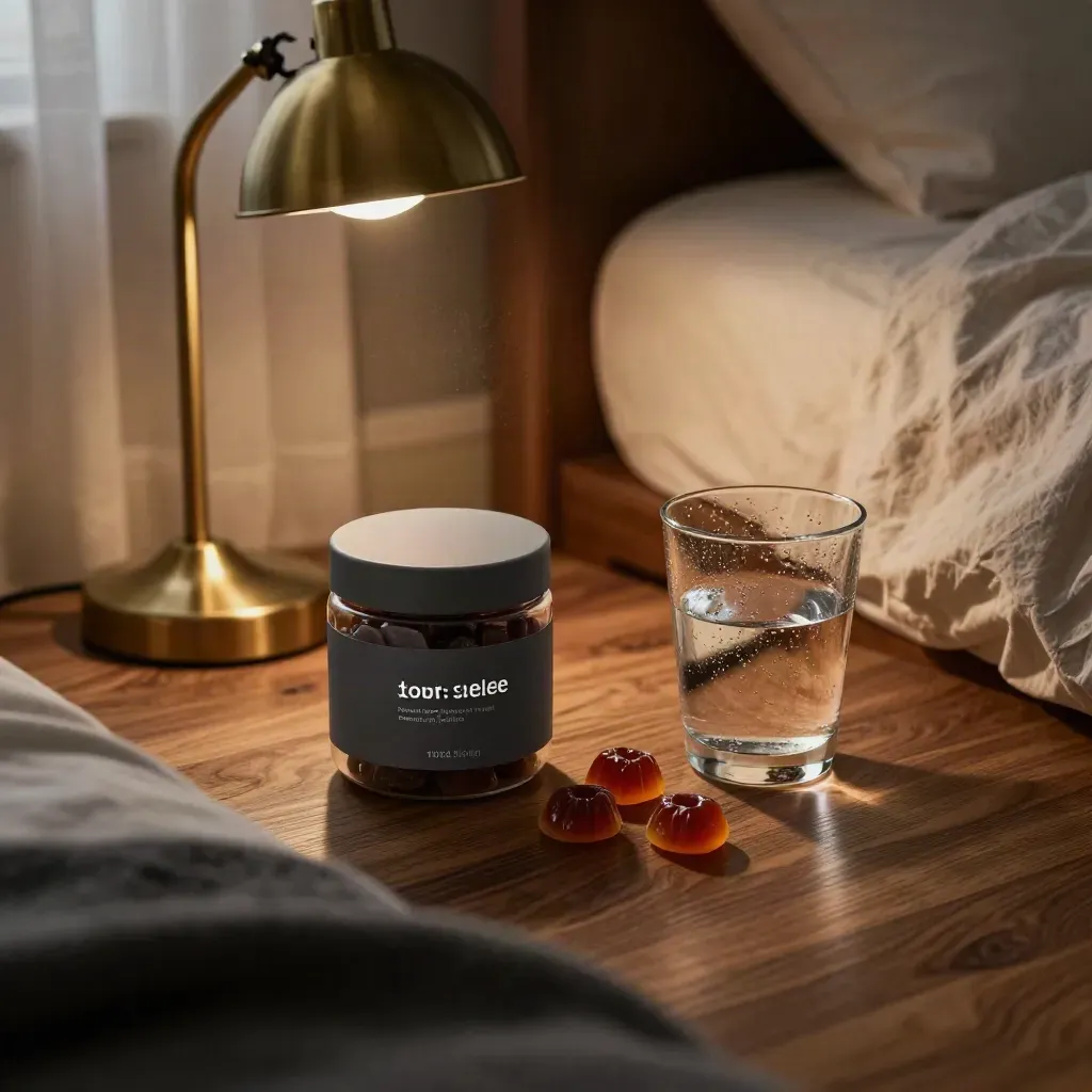 Sleep gummies, a water glass, and a warm bedside lamp in a moody bedroom corner.