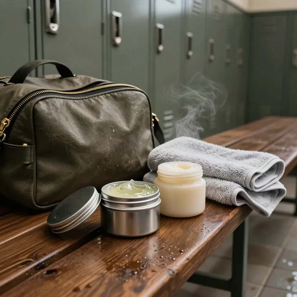 Balm tin, cream jar, towel, and gym bag on a steam-hazed locker-room bench.