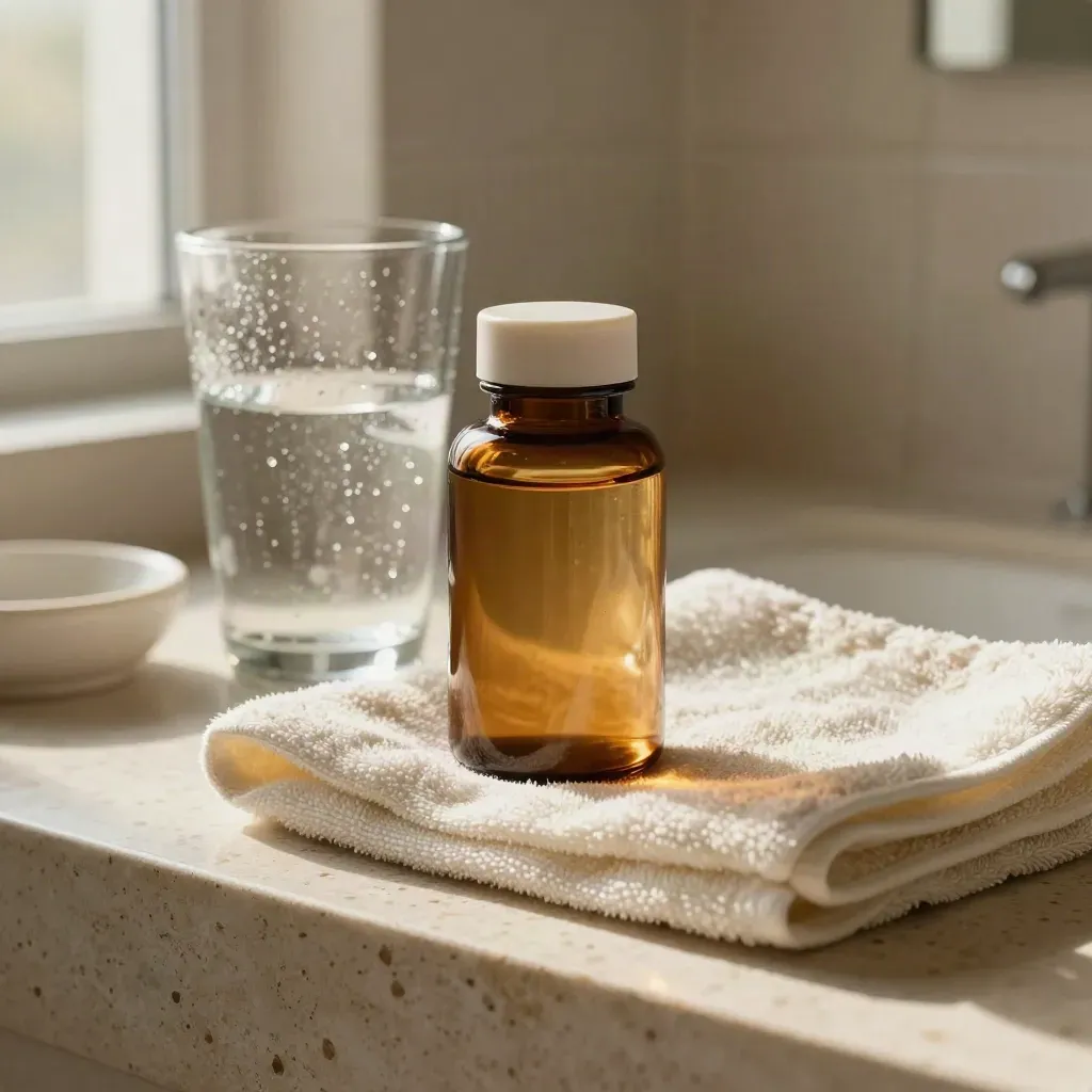 Softgel bottle and water glass on a cream bathroom counter in warm morning light.
