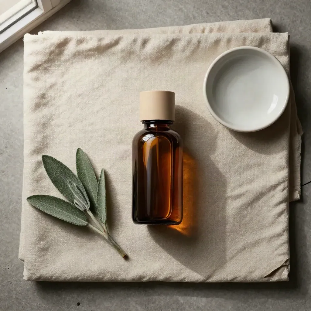 Overhead amber tincture bottle, cream cloth, potted herb, and ceramic dish on pale stone.