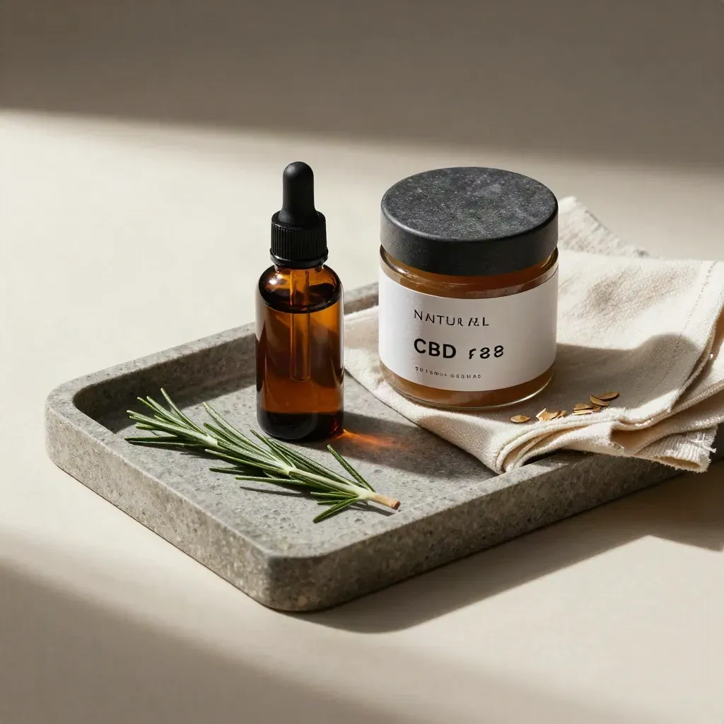 Amber CBD oil bottle and gummy jar on a stone tray with napkin and sprig