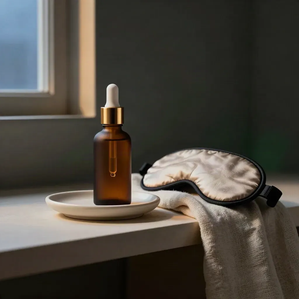 Amber CBD dropper bottle, sleep mask, ceramic dish, and linen throw on a bedside shelf.