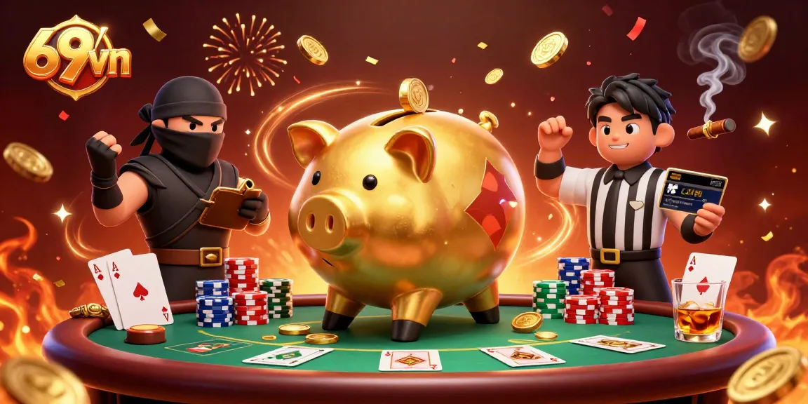 Engage in thrilling casino action with 69vn's lively 3D illustration of characters and gaming elements.