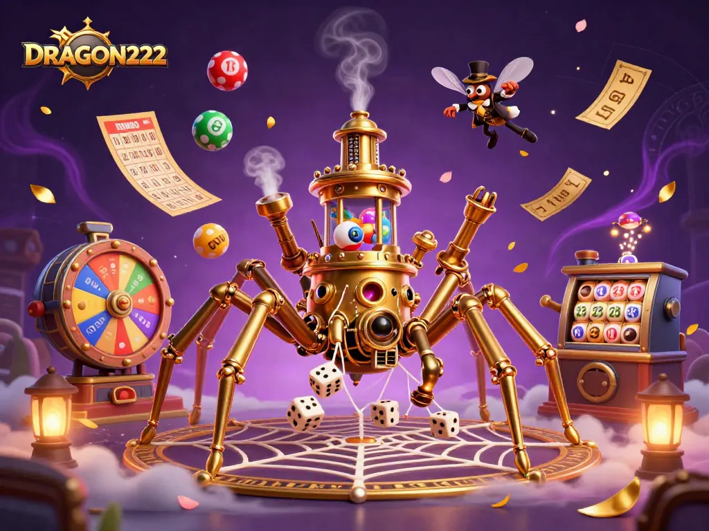 Engage with DRAGON222's dynamic casino elements featuring a steampunk spider catching dice amidst colorful lottery balls.
