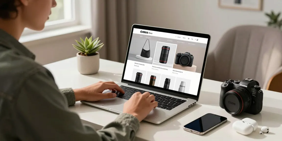 Shopping on a stylish replica site with quality products at home office.