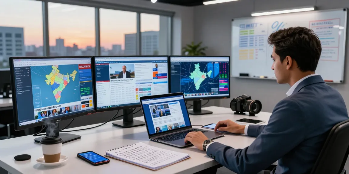 News reporter analyzing trending stories on https://www.theindaily.com in a modern newsroom.
