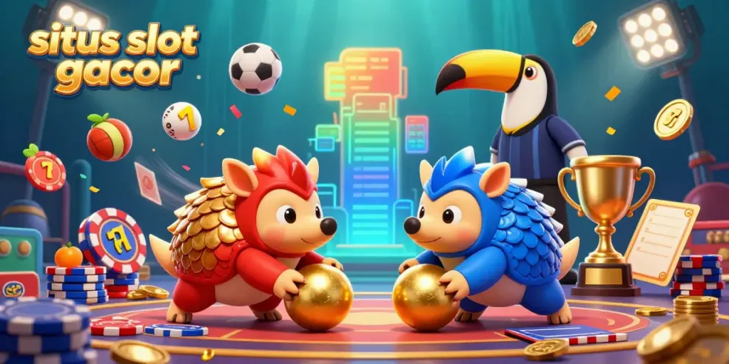 Gali kemenangan di situs slot gacor dengan pangolins bertanding dan mesin slot yang bersinar.