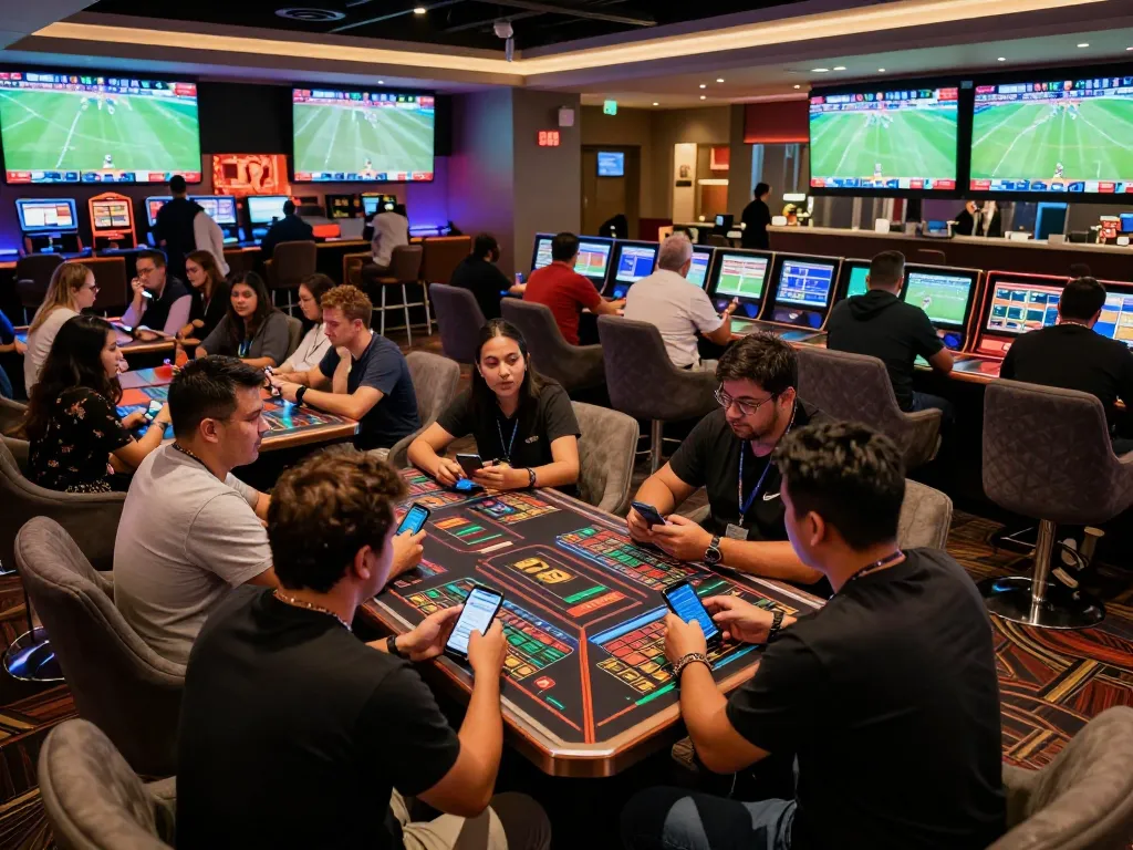 Engaged sports betting patrons analyzing kèo nhà cái odds in a vibrant casino lounge setting