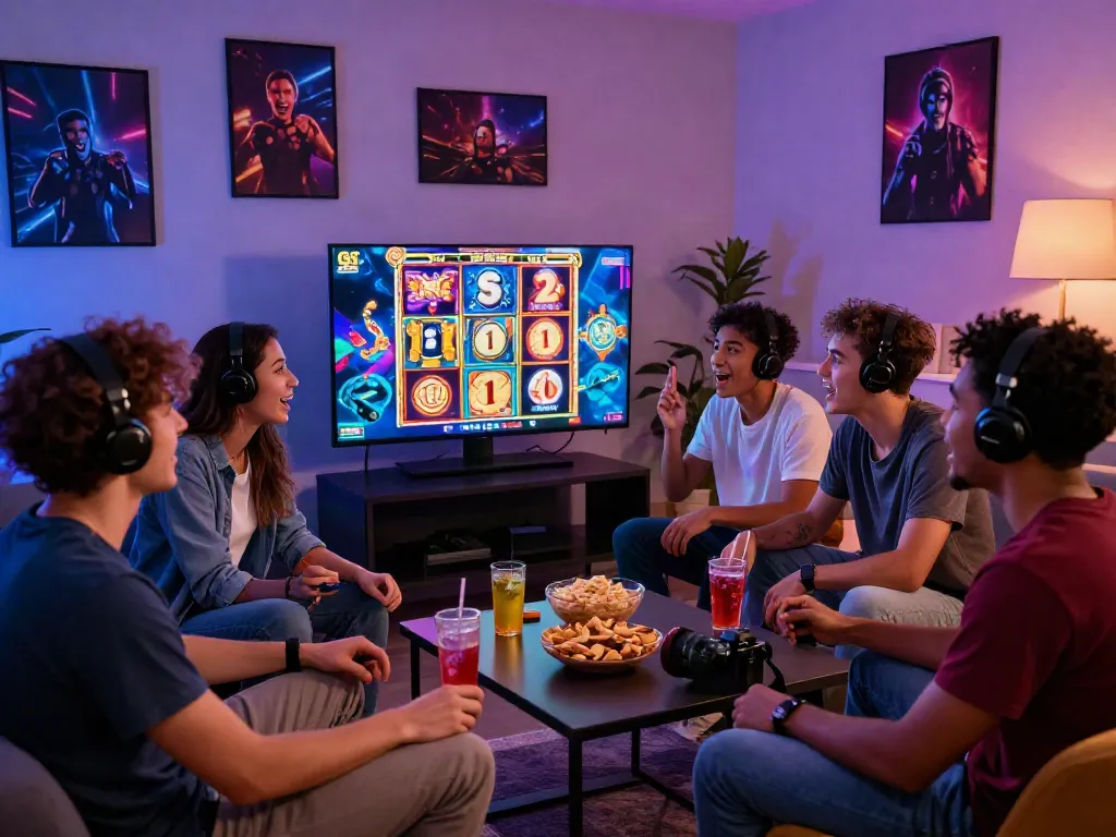 Friends excitedly playing slot games online, celebrating a jackpot win in a lively gaming environment.