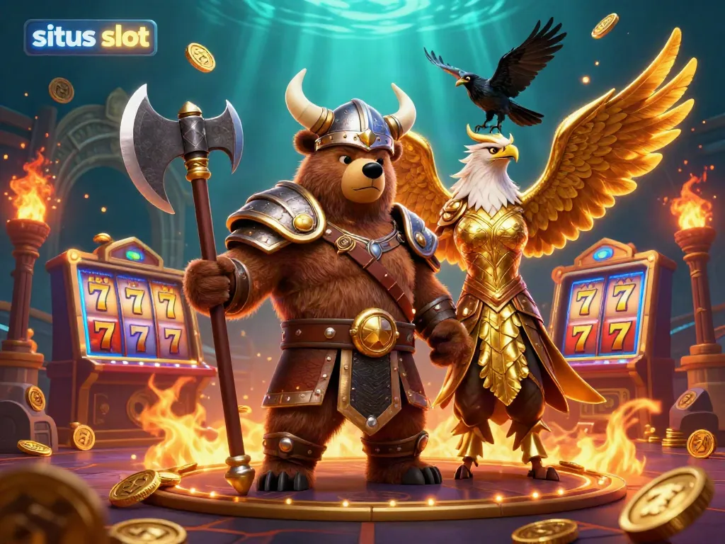 Mencoba keberuntungan di situs slot dengan beragam simbol buah dan koin emas mengelilingi karakter.