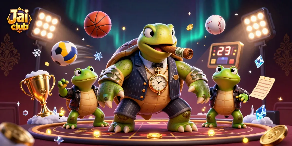 Engage with Jai club action featuring a turtle in mobster style with sports elements and vibrant atmosphere.