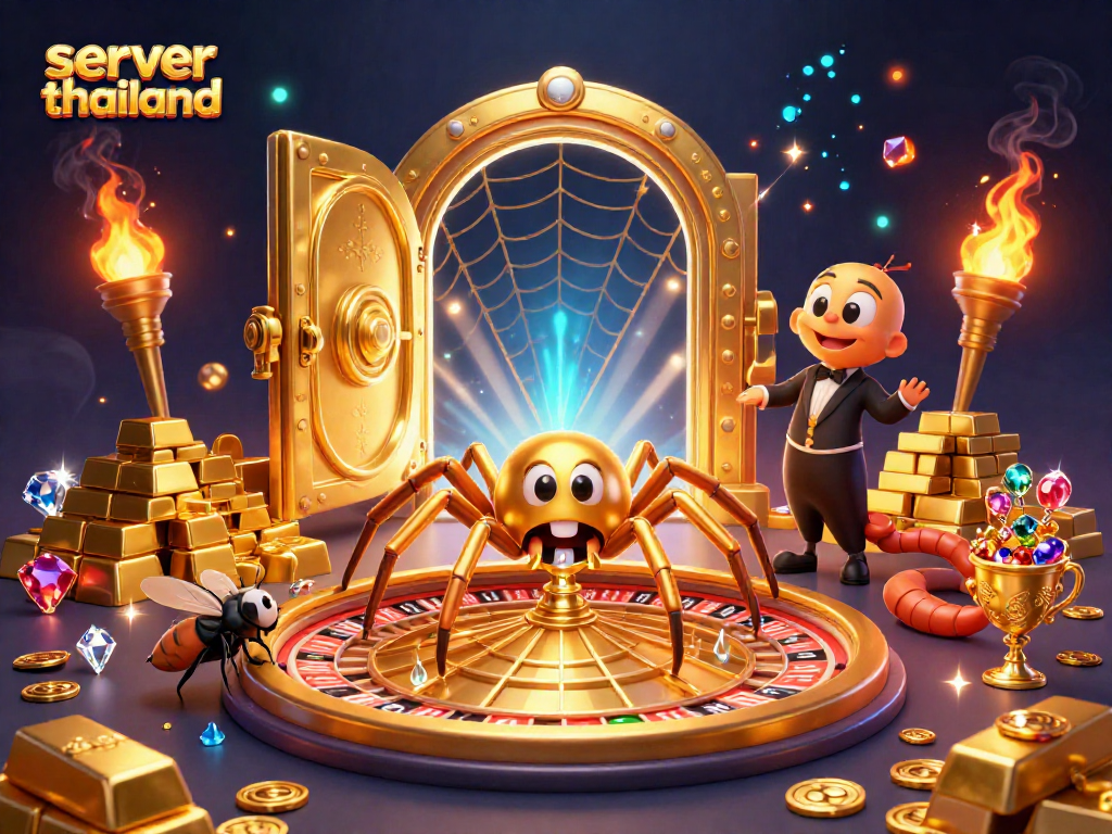Place your bets with server thailand as a golden spider spins a roulette web in an enchanting casino.