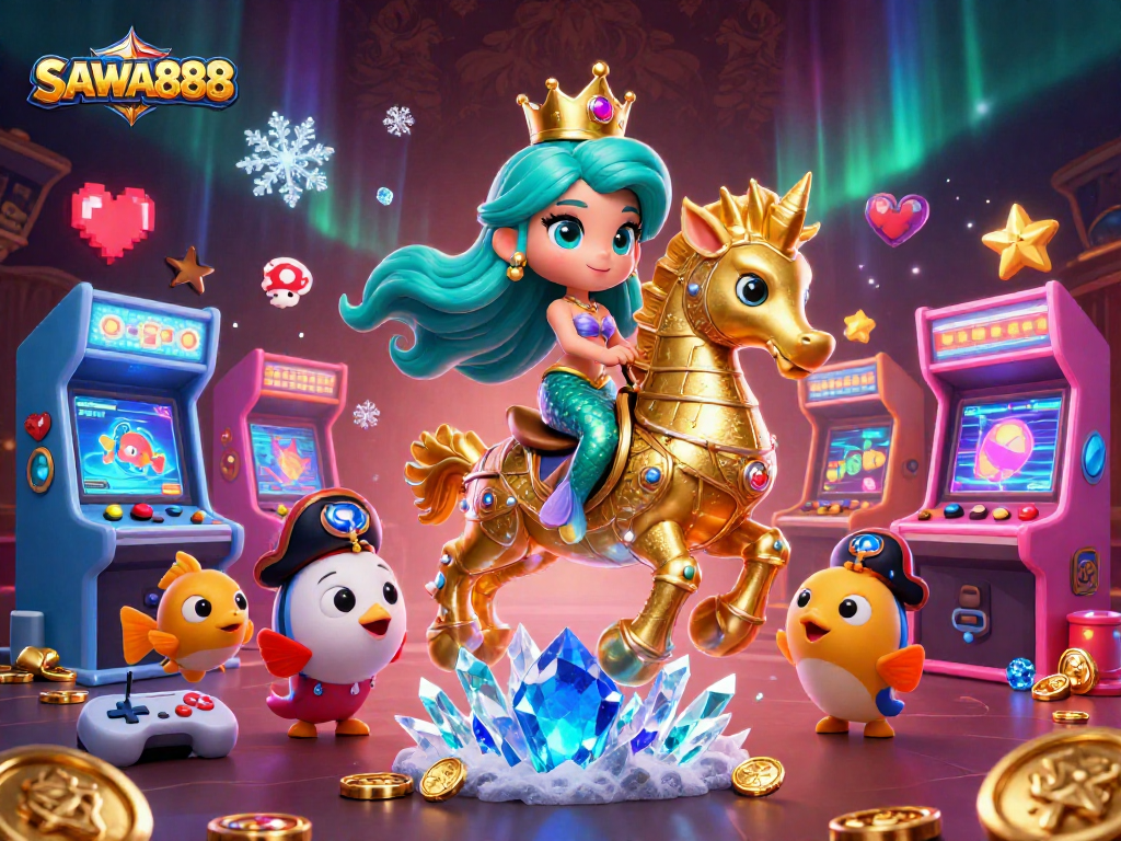 Experience the thrill of SAWA888 with a vibrant underwater gaming adventure featuring mermaids and arcade machines.