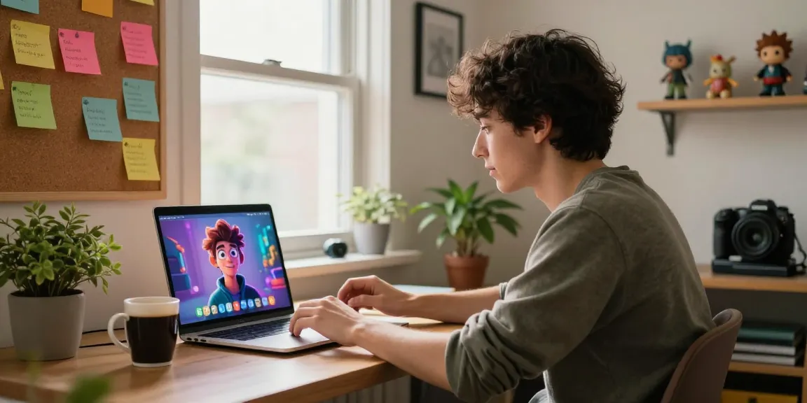 Interactive AI chat experience at home with crushon ia on screen, cozy workspace ambiance and vibrant decor.