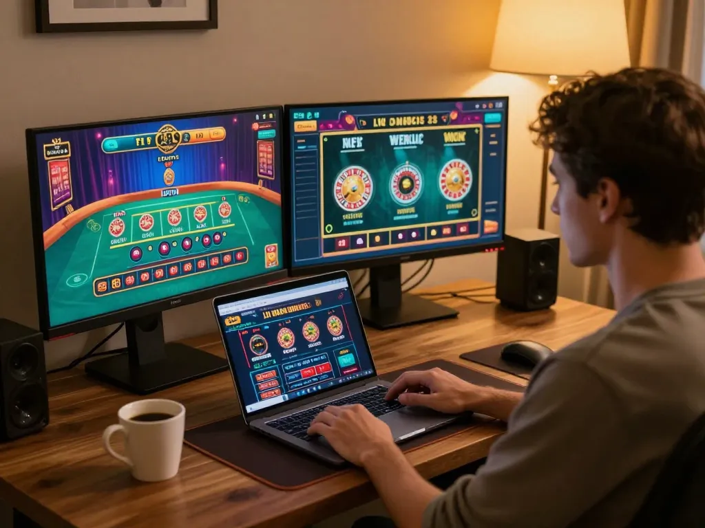 Engaging scene of a user playing at FLY88's online casino with vibrant game interfaces.