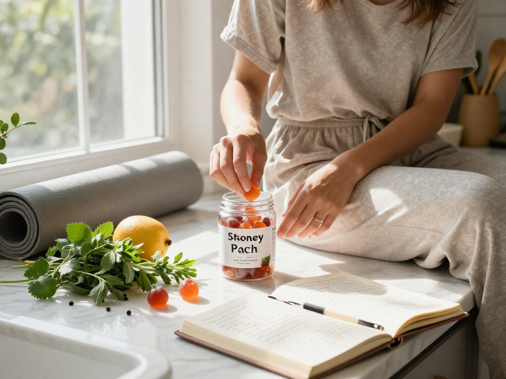 Stoney Patch review 500mg THC gummies shown in a wellness kitchen setting with organic fruits and herbs, highlighting natural health benefits.
