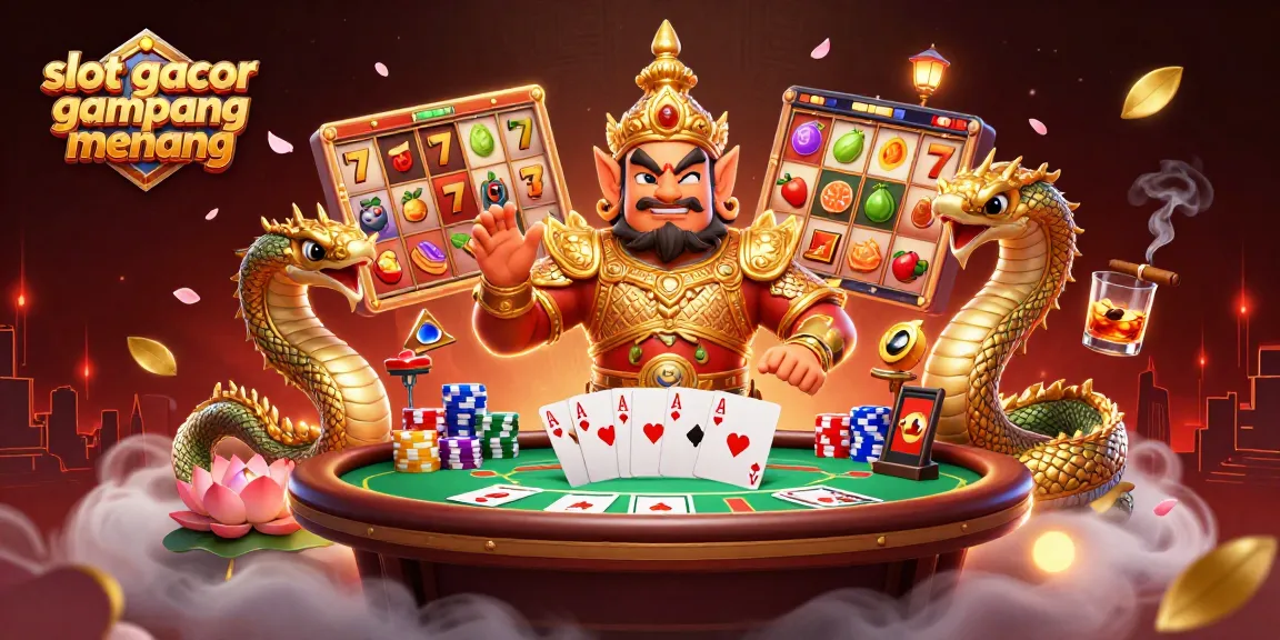 Mengunjungi slot gacor gampang menang dengan karakter penjaga kuil Thailand berwarna emas, dikelilingi simbol slot dan chip poker.