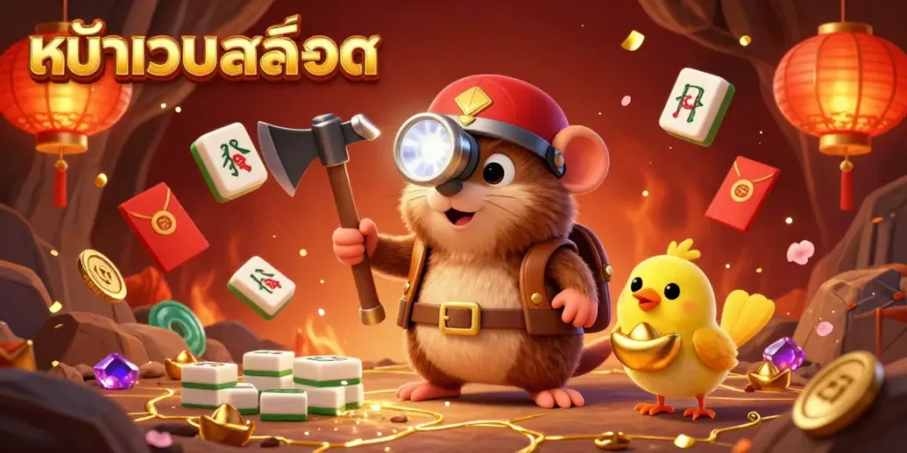 Engaging scene showcasing a 3D treasure hunter mole and canary amidst vibrant casino-themed elements for หน้าเว็บสล็อต.
