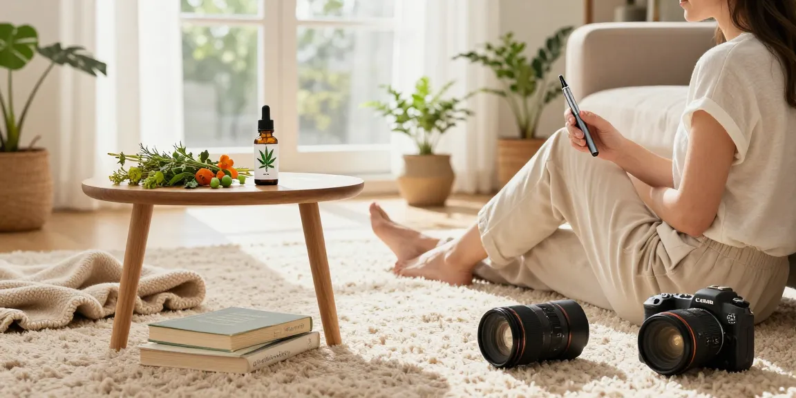 Hemp vape cart and wellness products in a serene living room, emphasizing natural relief and relaxation.