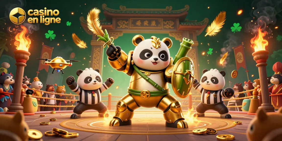 Illustration animée de casino en ligne avec panda doré et robot, ambiance vibrant et festive.