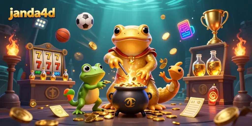 Permainan seru di janda4d dengan karakter alkemis dan permainan slot dalam ilustrasi 3D