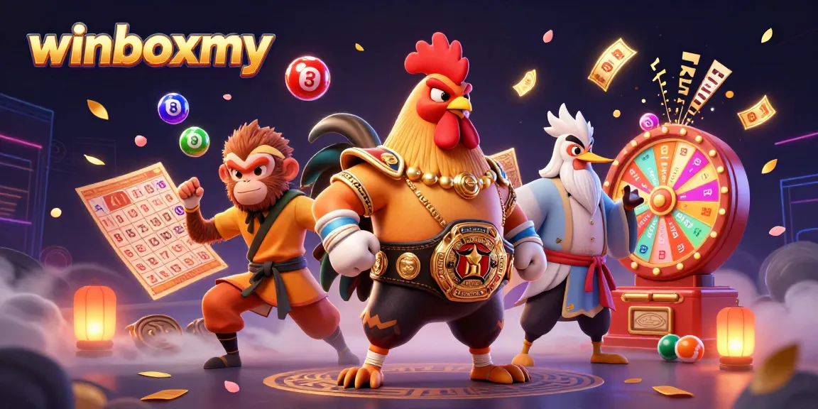 winboxmy vibrant casino scene with animated colorful lottery balls and engaging game elements