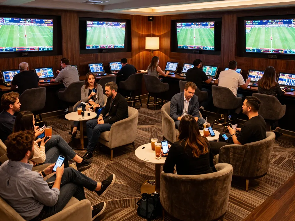 Sports betting atmosphere for keo nha cai enthusiasts, lively bettors analyze odds in stylish lounge.