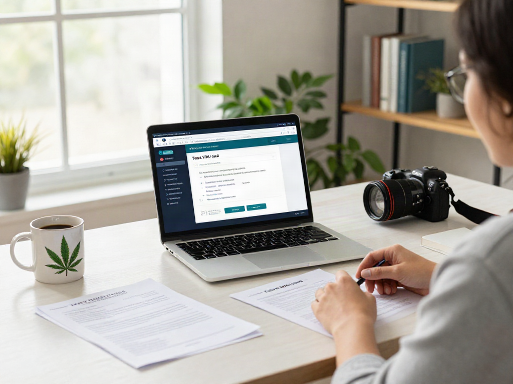 A person applying for a Texas MMJ card in a cozy home office with a laptop and medical documents.