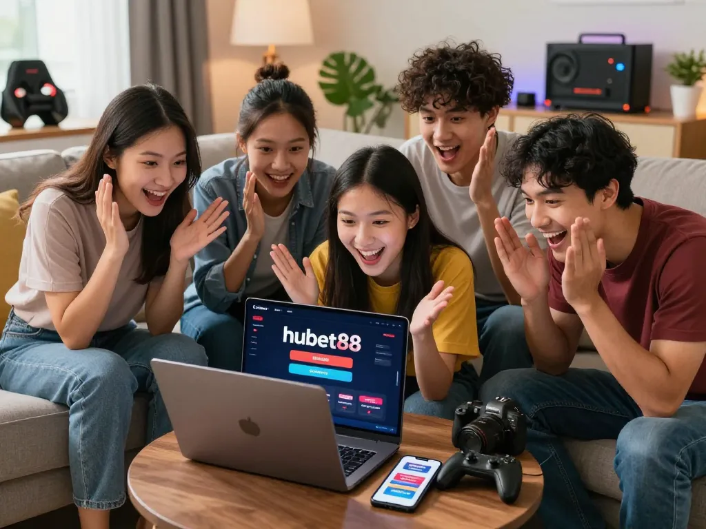 Excited group engaging with the hubet88 online betting platform in a cozy living room.