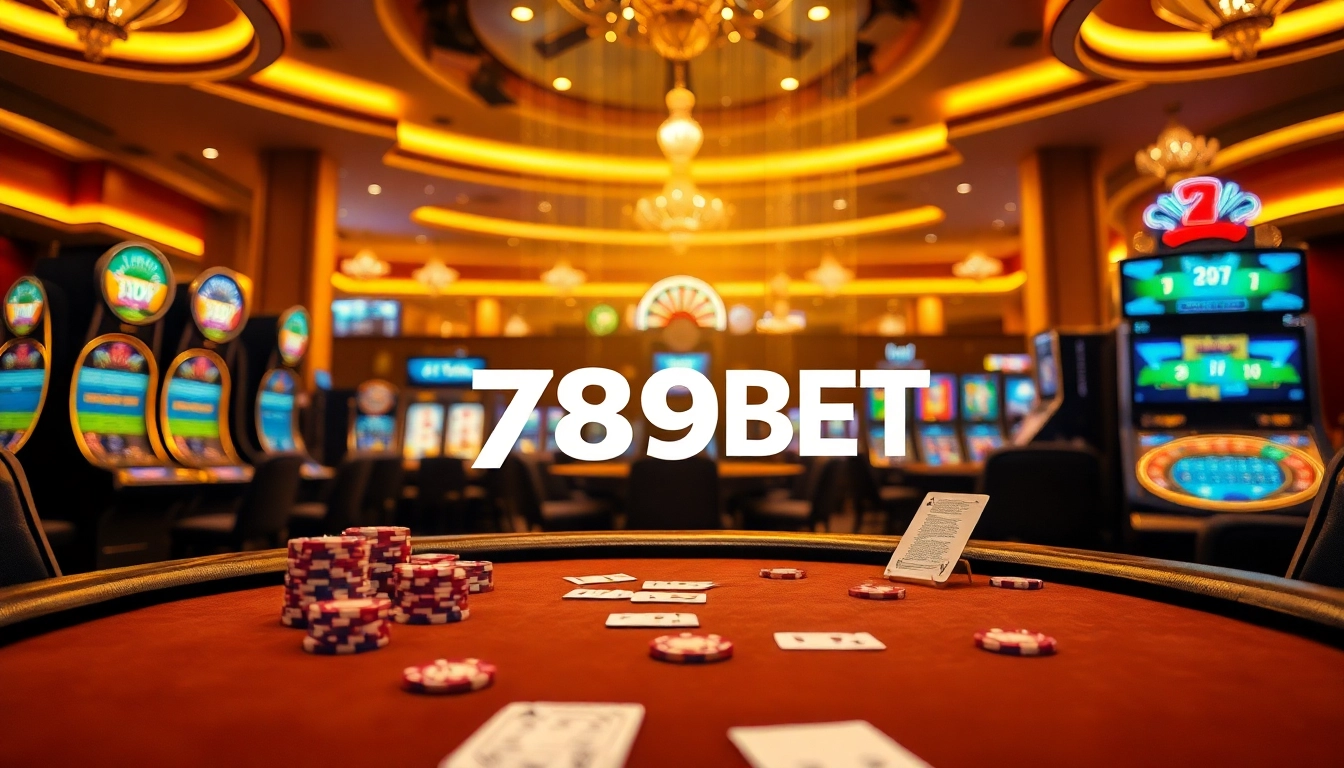 Experience the excitement of 789BET with a poker table and casino elements glowing under warm lights