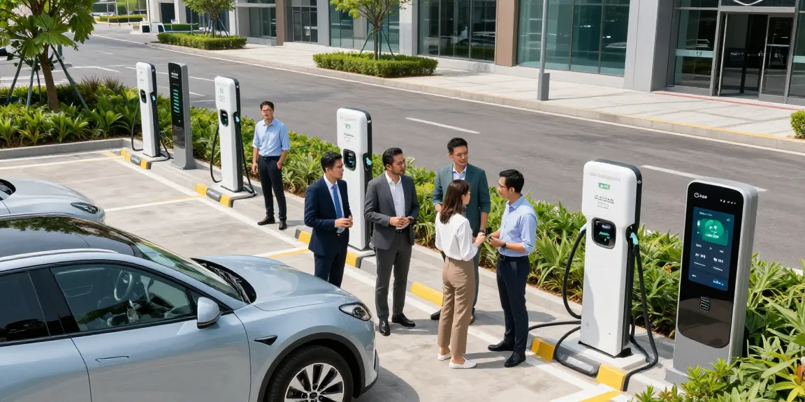Group discussing cutting-edge charging technology at an EV charger manufacturer site