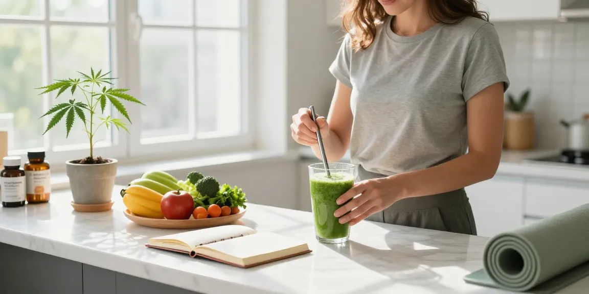 Ministry of Cannabis offers premium CBD oil in a serene wellness scene featuring a green smoothie and hemp plant for a healthy lifestyle.