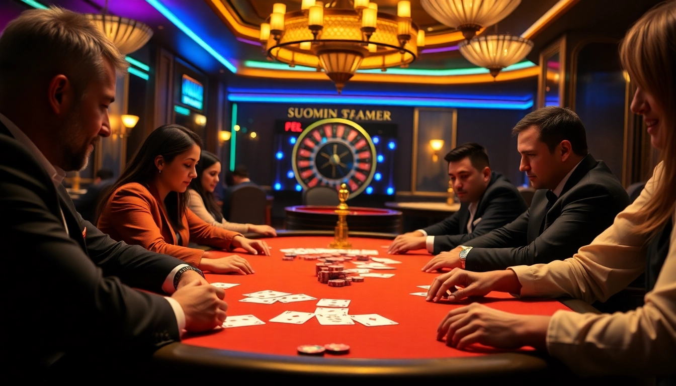 Sbobet login at a luxurious casino poker table with intense players and vibrant colors.