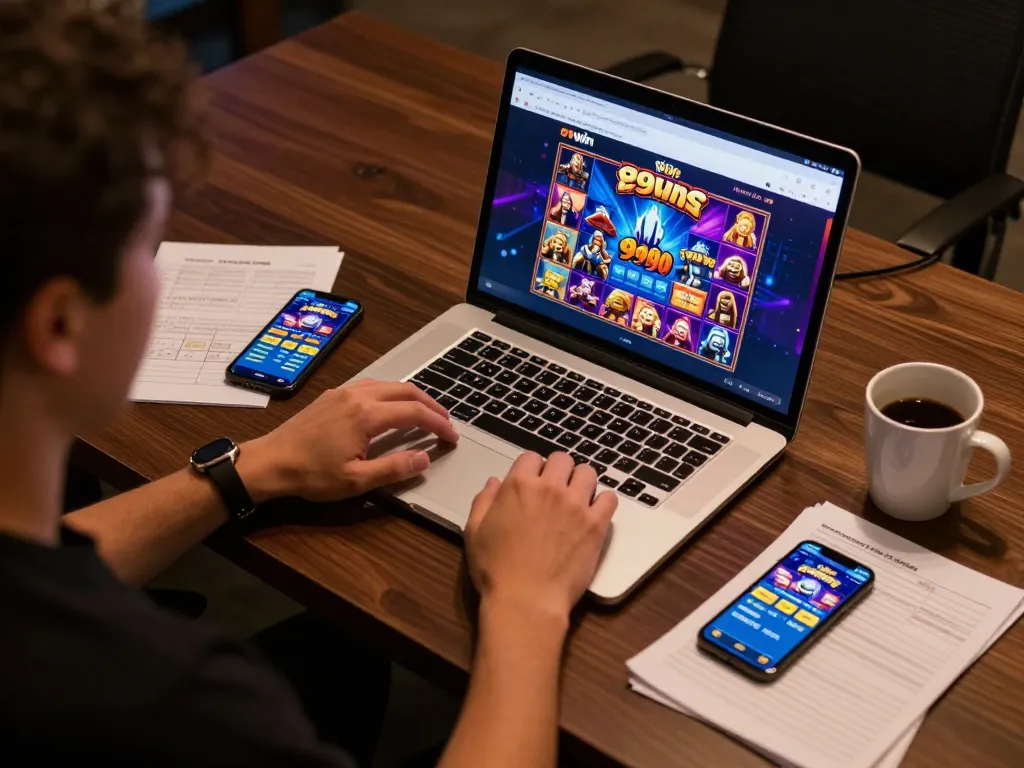 Player engaging in exciting online gaming at 99win with laptop and smartphone setup.
