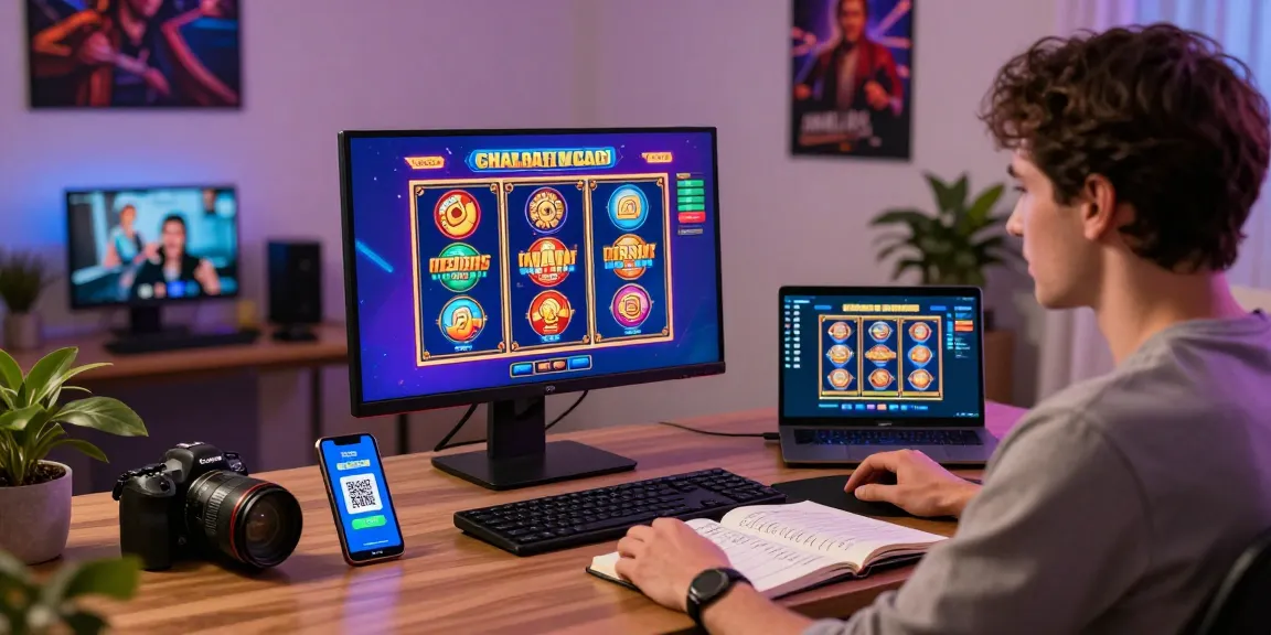 Engaged player at home enjoying slot depo 1k online games with QRIS payment options displayed on devices.