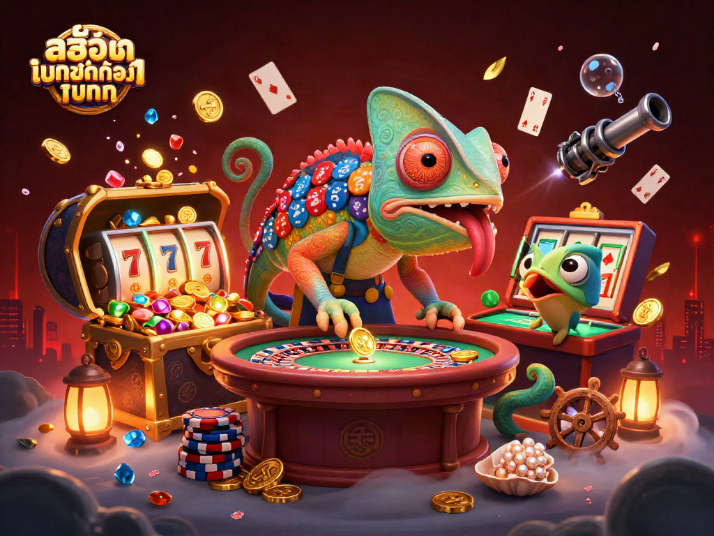 Experience the excitement of สล็อตฝากขั้นต่ำ1บาท as colorful casino elements and characters interact in a dynamic, rich illustration.